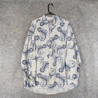 Etro Hemd Herren Gr. XXL weiß blau Paisley Print Cutaway Kragen Knopfleiste Italy