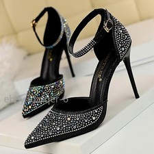 Women Shiny Rhinestones High Heels Ankle Strap Pumps Stilettos Sandals Shoes