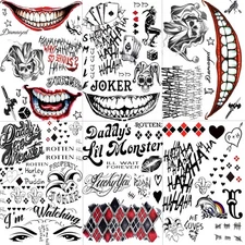 6 Sheets Halloween Joker Tattoo Sticker Decals Damaged Joker Temporary Tattoo...