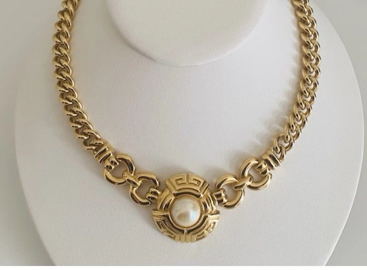 Givenchy Collana Vintage Finta Perla Cabochan Greca Parigi New York 17" Estate