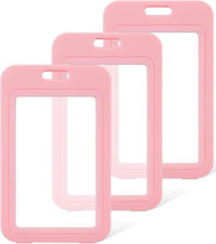 3 Pack ID Badge Holder with Double-Sided Windows Vertical Hard Plastic Case Pink