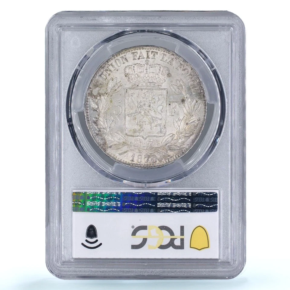 Belgium 5 francs King Leopold II Coinage KM-24 MS62 PCGS silver coin 1870 - Image 4 of 4