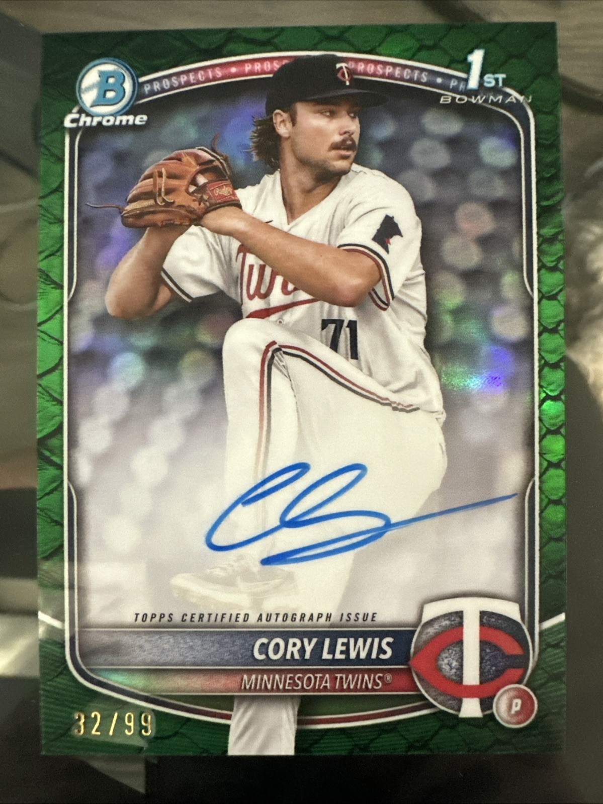 Cory Lewis 2025 Bowman Chrome 1st True Green Reptilian Refractor Auto Sp #32/99
