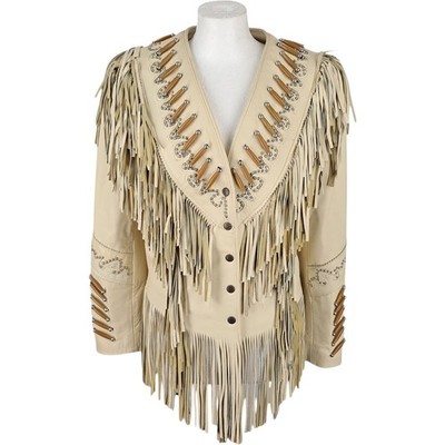 Echtes Leder Jacke S Damen Beige Leder Quasten Western Cowboy Retro Knopfleiste