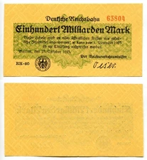 Deutsche Reichsbahn Berlin  100 Milliarden Mark 27.10.1923,  unc-