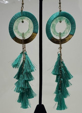 Teal Dangle Tassel Earrings Drop Design Gold Pierced Handmade 6" Long