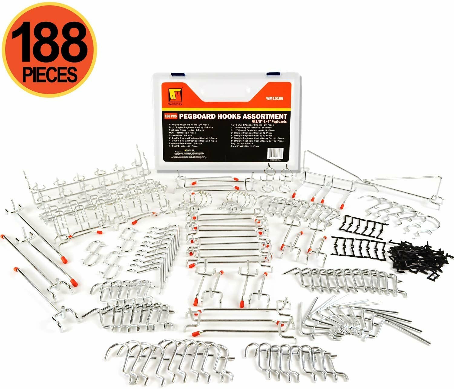 Wellmax 188pc Pegboard Hooks Accessories Assortment, Heavy Duty Peg Board...