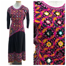 Vintage VTG 1970s 70s Black Multicolored Embroidered Mirrored Boho Top Skirt Set