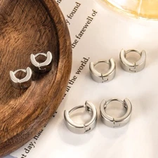 Women Girl Wide Band Small 925 Sterling Silver Plain Huggie Hoop Earrings A33