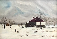 Vint. Orig.  Art, Charming Primitive Winter Snow Scene-Master & Dog, Oil, Framed