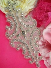 0486 Crystal Clear Silver Beaded Rhinestone Applique 6" BRIDAL SASH MOTIF