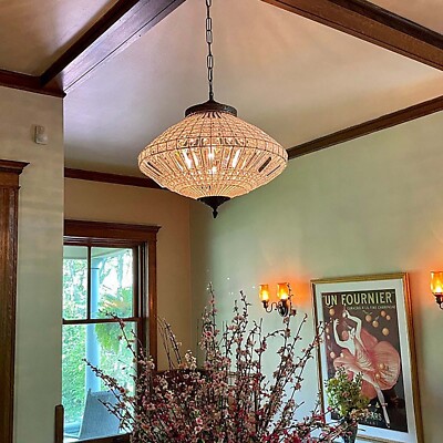 Handmade Bird Cage Basket Crystal Brass Chandelier Beads Ceiling Lighting Decor
