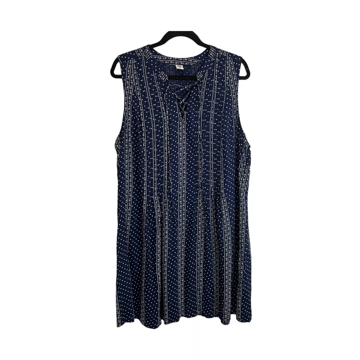 Old Navy Blue Sleeveless Lace Up Tassel Floral Geometric Pleated Dress Size XL