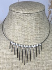 Vintage Silver Tone Wire Choker Necklace Bar Bead Fringe Statement Modernist