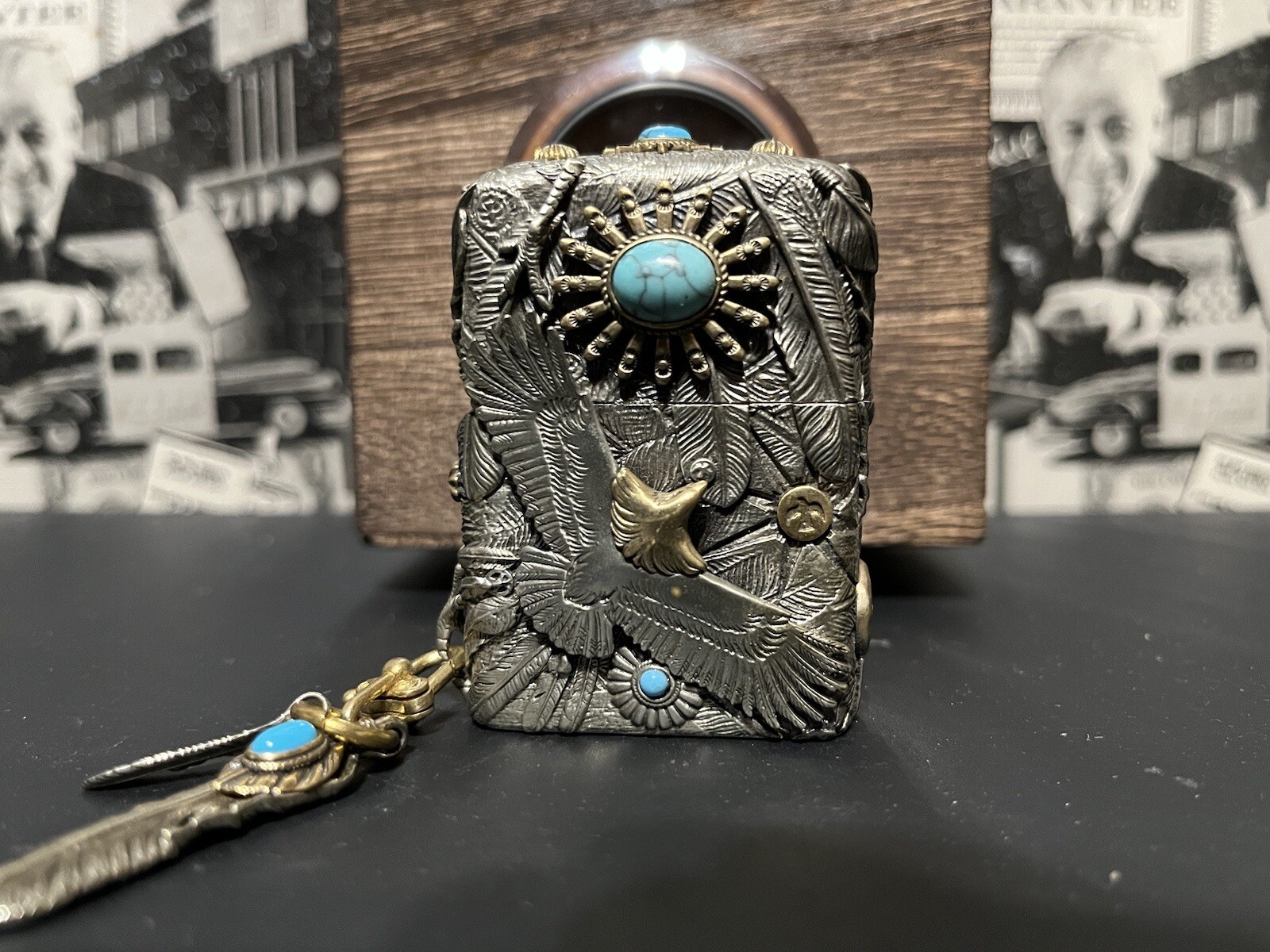HEAVY Zippo lighter Indian Spirit Eagle Natural Stone Silver Brass With Wood Box