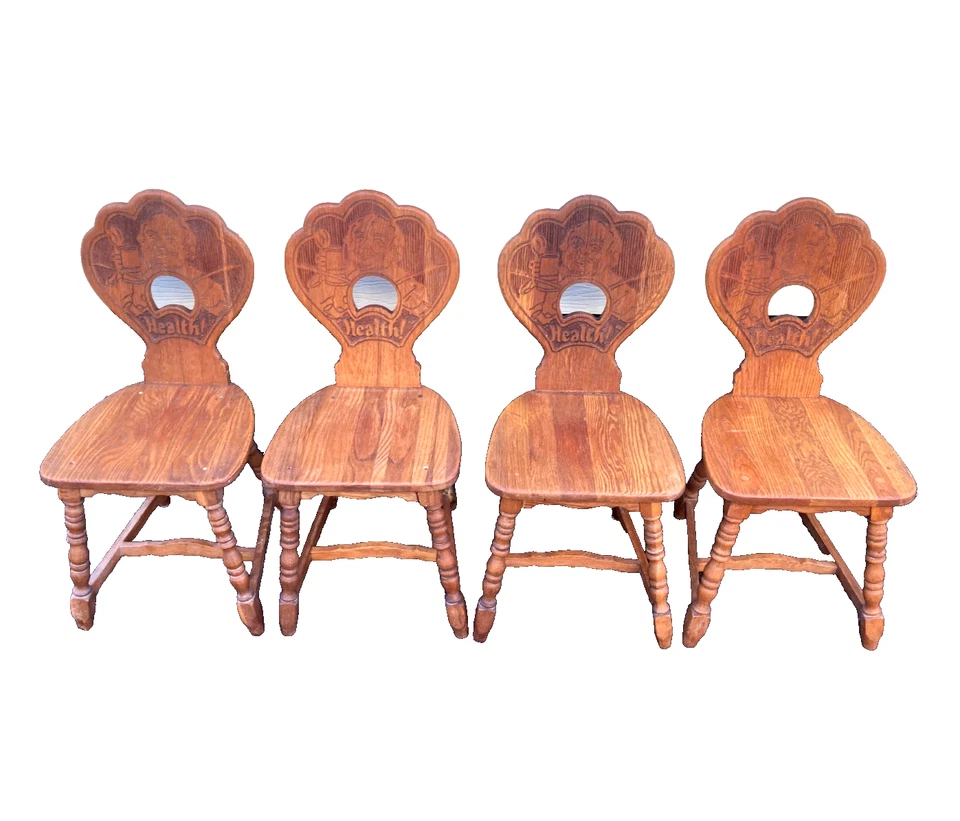 Antiguo juego de 4 sillas de cocina de comedor con respaldo a presión de madera de roble - ¡Extremadamente raras!! Foto 2 de 4