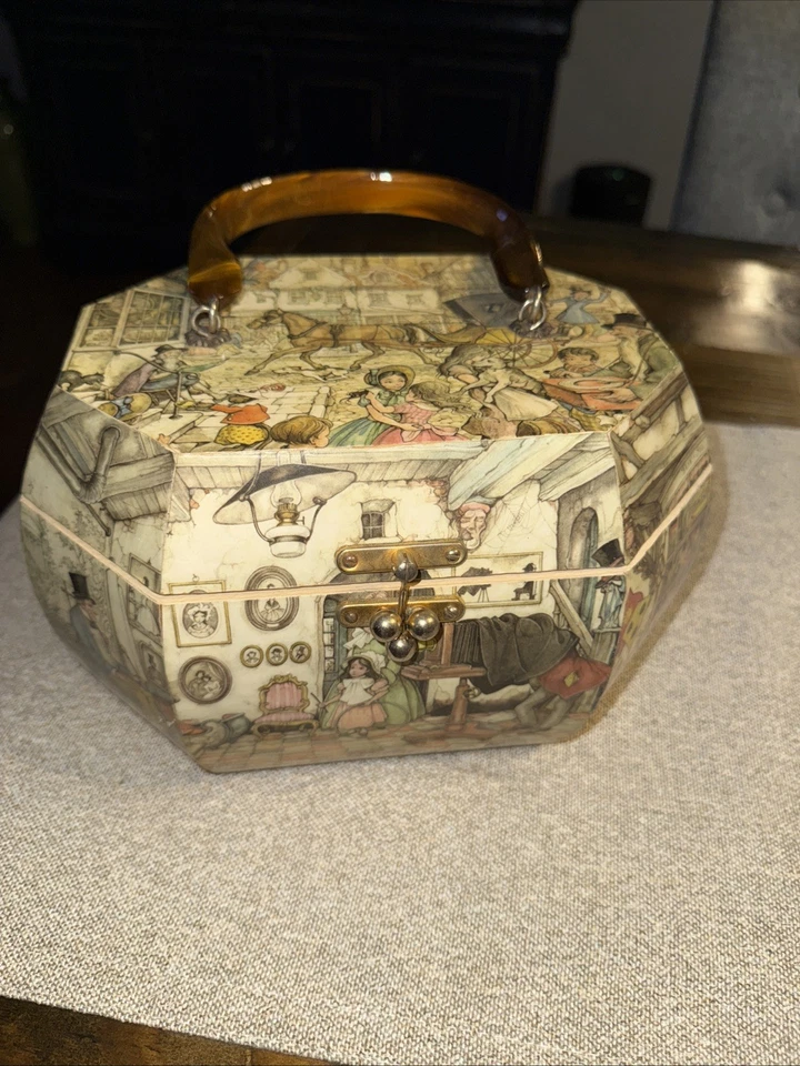 "Cartera caja madera decoupage vintage mango baquelita S bronceado/Anton Pieck 10"" W 5"" H" Foto 2 de 4