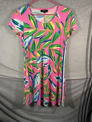 MSK Shirt Dress Womens Small Pink Tropical Leaf Short Sleeve Swing Jersey Knit