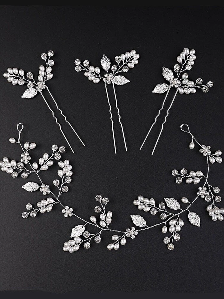Wedding 4 PC Pearl Hair Vine and Hairpin Set, Wire Headband & 3 Bridal Hairpins - Image 3 of 4
