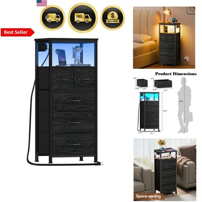 Bedroom Dresser Tall Nightstand Storage Chest with LED Lights Charging Station