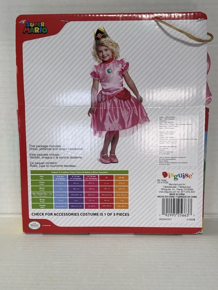 Disfraz Princesa Melocotón 2T Vestido Enagua Corona Diadema Super Mario Bros Nuevo Foto 2 de 2