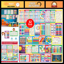 32 Educational Posters Set for Kids - 17x11 Multiplication, ABC, USA Map  More 