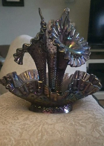 FENTON Epergne Amethyst  Purple  Carnival Glass  3  Horn Vase Bowl  Vtg