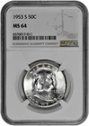 1953 S 50C Silver Franklin Half Dollar NGC MS 64 Looks MS 65