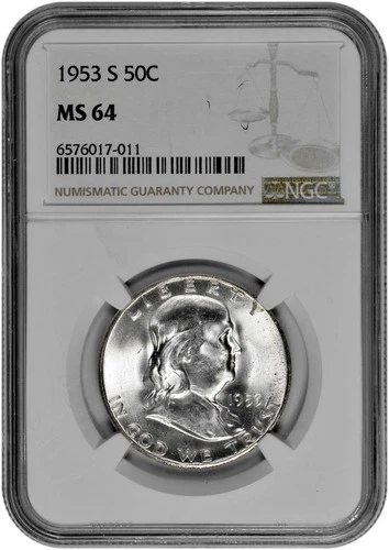 1953 S 50C Silver Franklin Half Dollar NGC MS 64 Looks MS 65