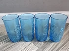 4 VTG Anchor Hocking Spring Song Daisy Aqua Electric Blue 5 1/2" Glass Embossed