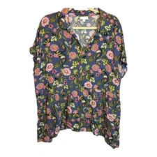 J. Jill Blouse Women's Size 2X Floral Peplum Shot Sleeve Office Blue Pink