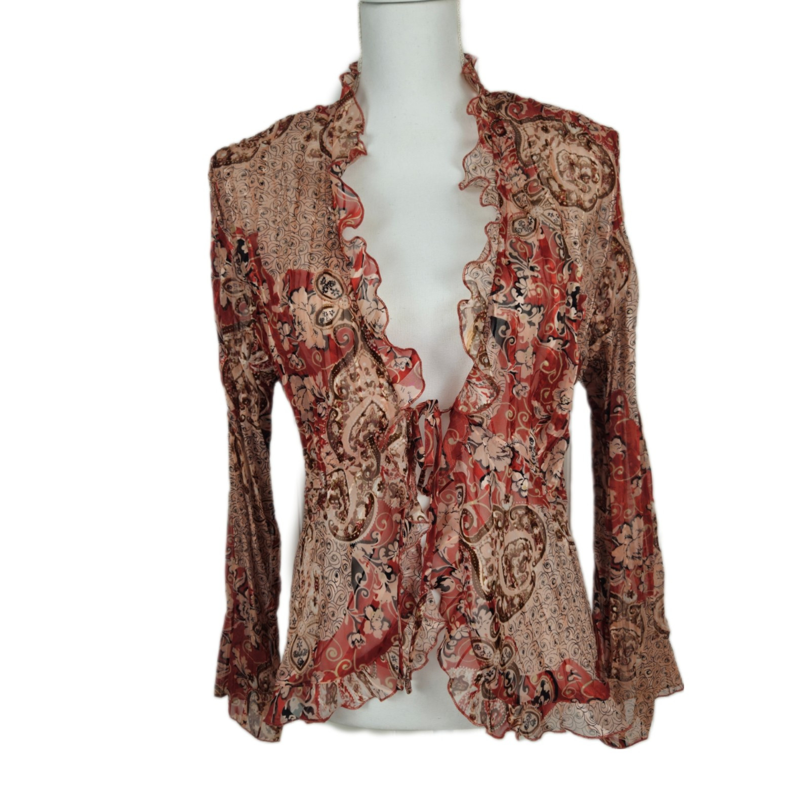 Y2k Coquette Large Sheer Ruffle Blouse Pink Long Sleeve Tie Front Crepe Paisley