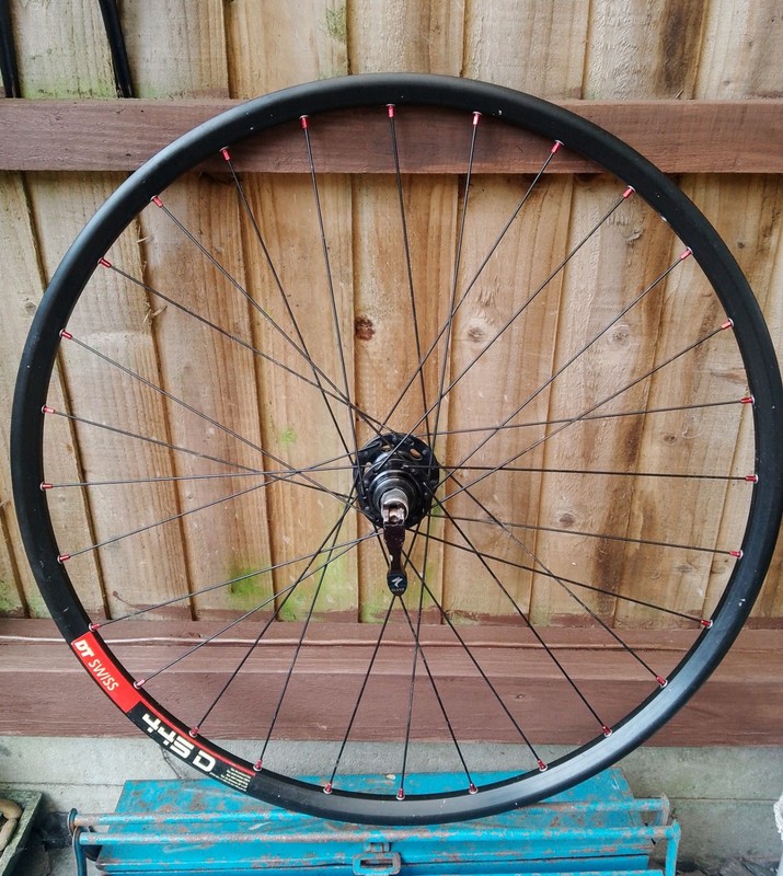 DT Swiss Front Wheel, Specialized Hub, Red Nipples, 26 Inch ,Disc Only + Skewer