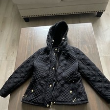 Girls' Black Quilted Hooded Jacket Gold Buttons Long Sleeve Mid-Length Pockets