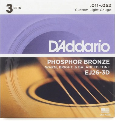 D'Addario EJ26 Phosphor Bronze Custom Light Acoustic Strings 3-Pack