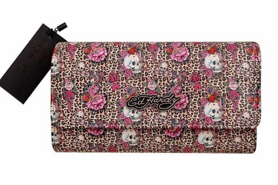 Ed Hardy Multicolor Skull Animal Floral Print Pouch Wallet Logo Accents Women