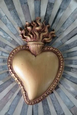 NEW Ex Voto SACRED HEART Wall Plaque Gold tone FLAMING HEART or Table Top