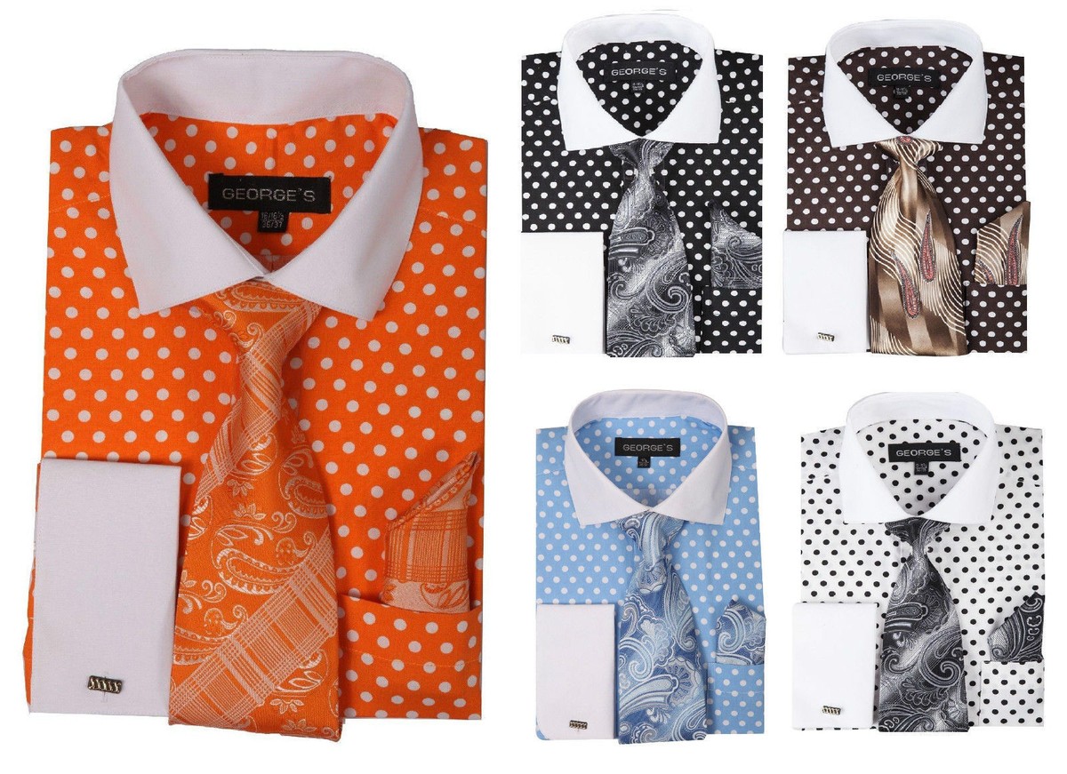 Men's Cotton Polka Dot Dress Shirt Set #613 Contrast Spread Collar