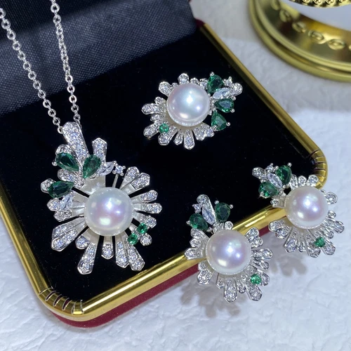 Gorgeous AAAA+ 10-11mm South Sea White Stud Pearl Pendant Earring Ring Set 925s.