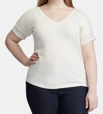 $74 Lauren Ralph Lauren  PLUS Lace-Trim SS  Top Winter Cream Size 2X L3 