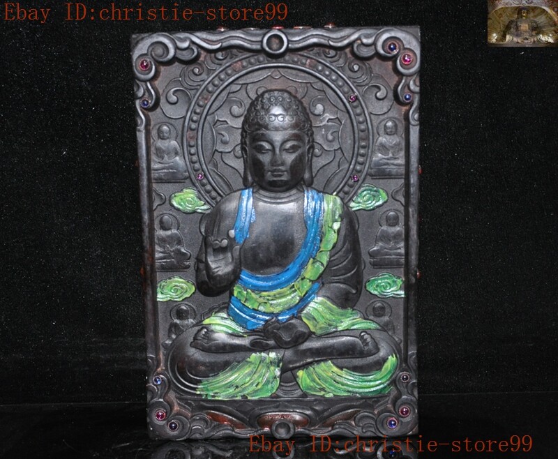 Old Tibetan Buddhism Meteorite iron inlay gem Sakyamuni Tathagata