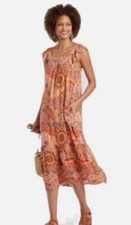 Sun Dress M Maxi MIDI Floral Paisley Print Boho Coral Flutter Ruffle Peach Cute