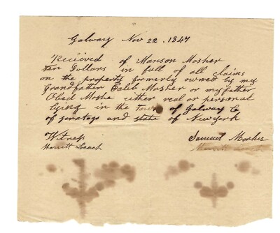 1847 Galway(Saratoga)Receipt Payment on Land, Maxson Mosher to Samuel Mosher