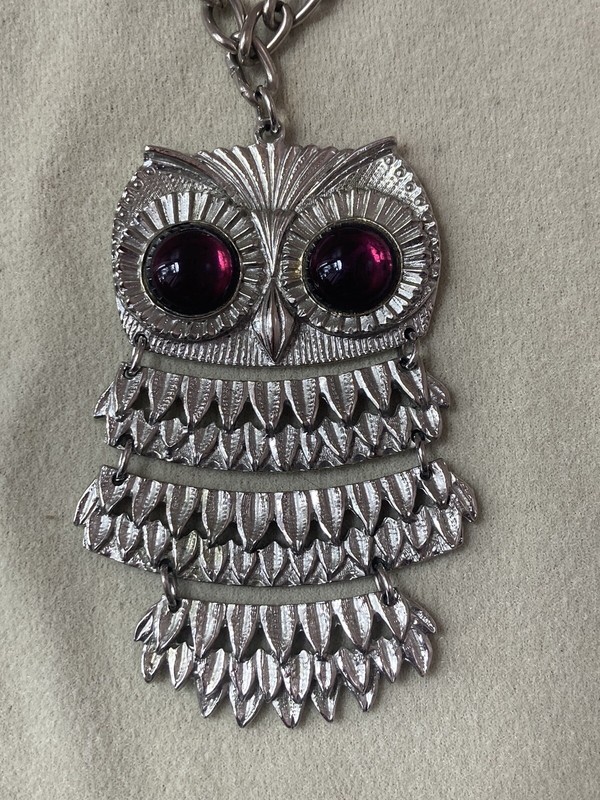 Vintage Signed Goldette Articulated Owl Pendant Necklace Silver w/ Purple Eyes