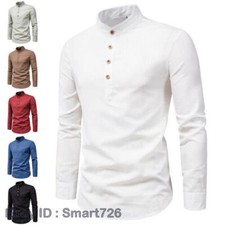 Mens Casual Long Sleeve Cotton Buttons Shirt Slim Stand-up Collar T Shirt Tops
