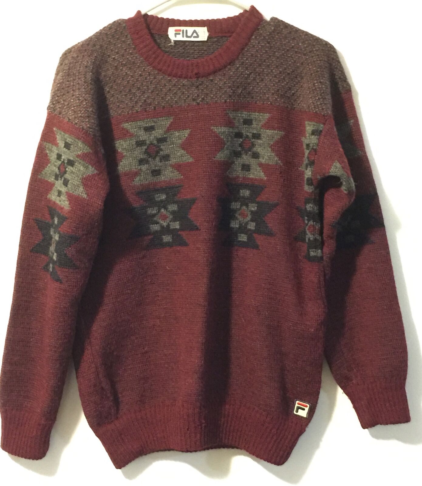 Vintage 80s/90s Fila Italia Alpaca WOOL Aztec Sweater Italy Medium Maroon