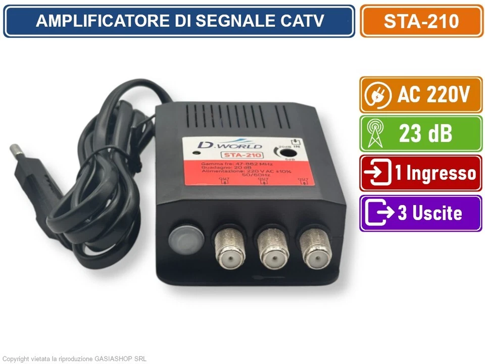 AMPLIFICATORE DI SEGNALE TV GUADAGNO 20dB 1 INGR. 3 USCITE BANDA DA 47 A 862MHZ - Immagine 2 di 4