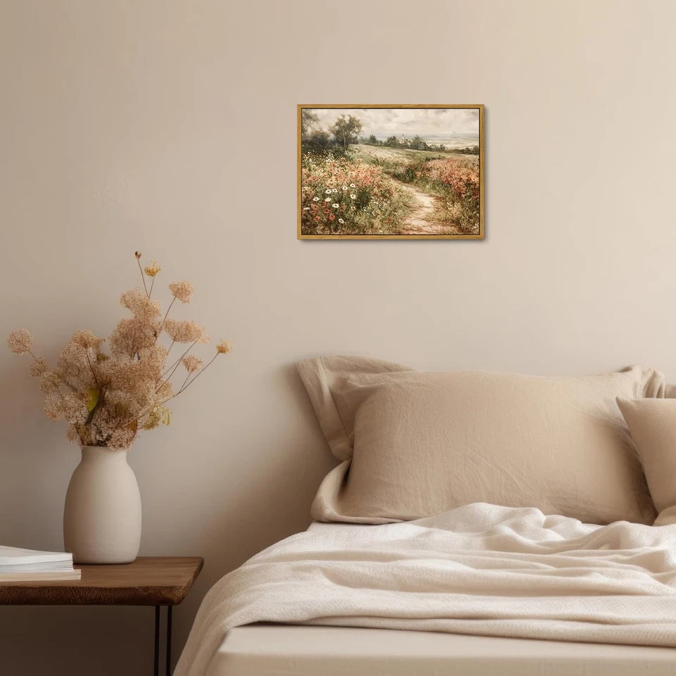 Arte de parede em tela vintage com estampa emoldurada, pintura a óleo rústica de paisagem de flores silvestres - Imagem 4 de 4