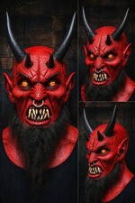 Red Devil Mask Horns Beard - Horror Demon Halloween Cosplay Mask Scary