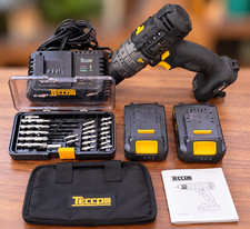 TECCPO Cordless Hammer Drill Driver Set – 2 Batteries, Charger, Drill Bits & Car